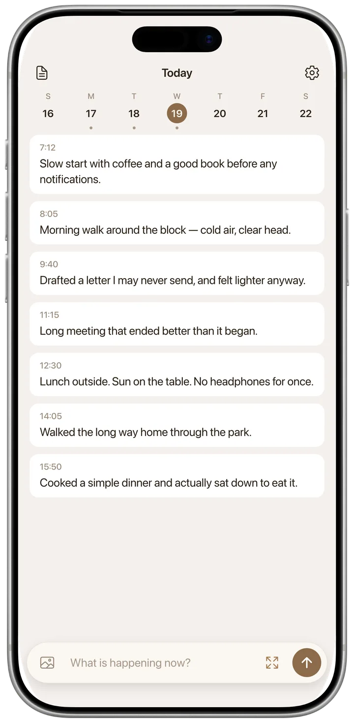 Storyie on iPhone showing today's diary timeline